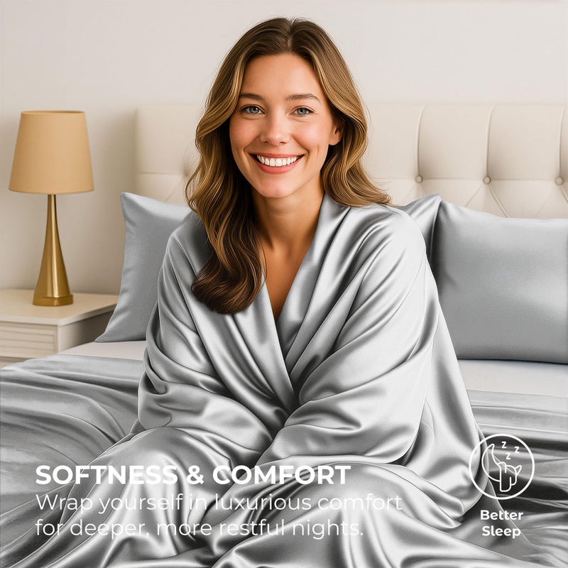 Pure Bedding Satin Sheets Twin [3-Piece, Silver] Hotel Luxury Silky Bed Sheets - Extra Soft 1800 Microfiber Sheet Set, Wrinkle, Fade, Deep Pocket Fitted Sheet, Flat Sheet, Pillow Cases - Image 3